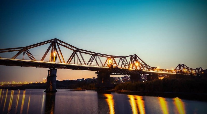 Long Bien Bridge connects the Red River in Hanoi