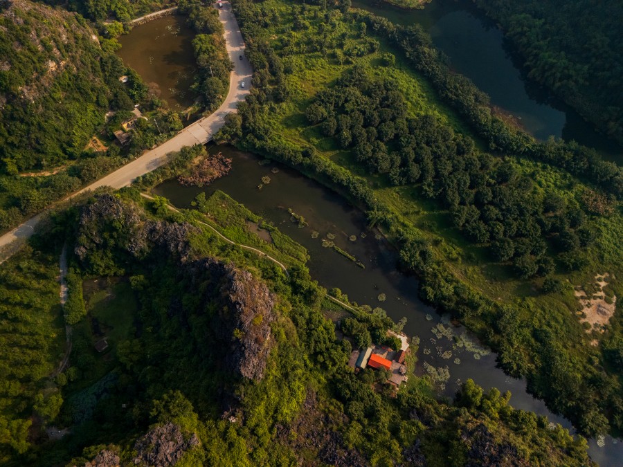 Aerial view of road among  karst mountains in Ninh Binh in North Vietnam