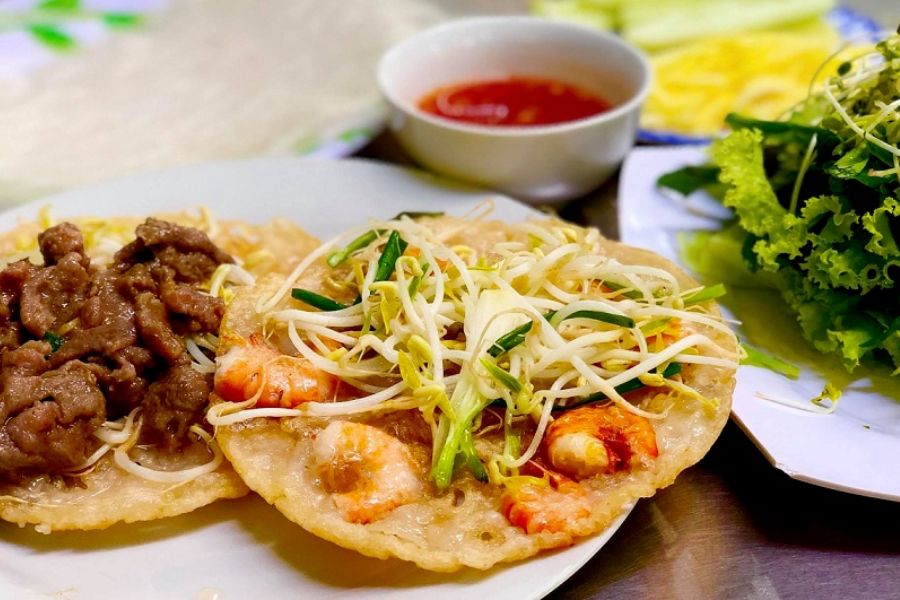 Banh Xeo are filled with pork, shrimp, and bean sprouts