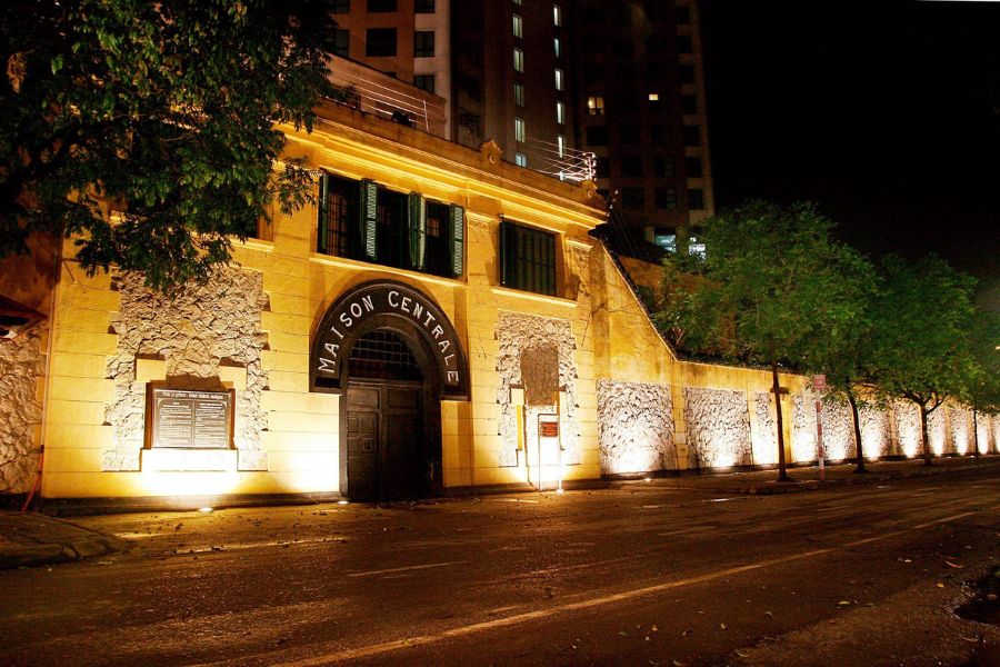 Hoa Lo Prison Museum in Hanoi at night