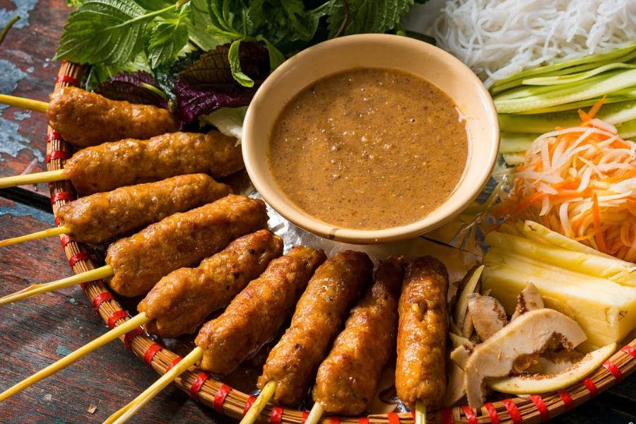 Nem lui is a fragrant dish of seasoned minced pork