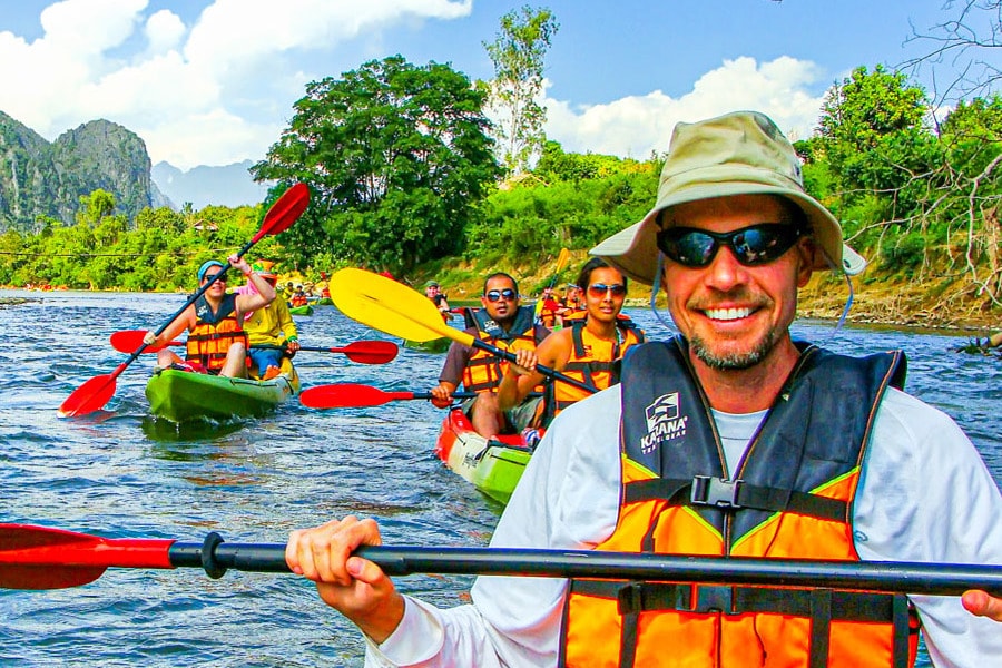 kayaking in nam song river, vang vieng