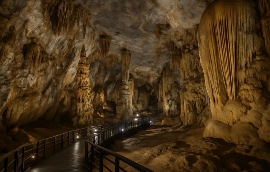 Strolling along wooden walkways in Paradise Cave