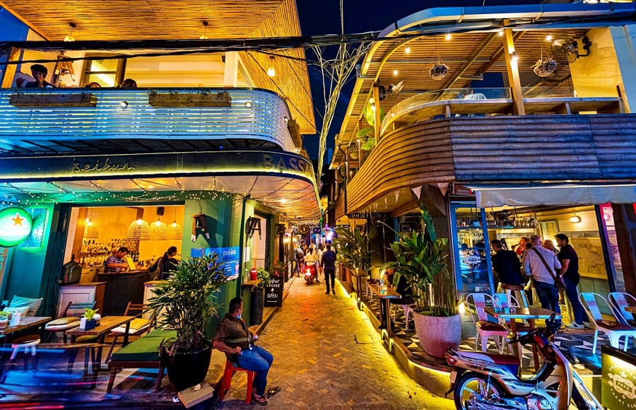 bassac lane in phnom penh at night