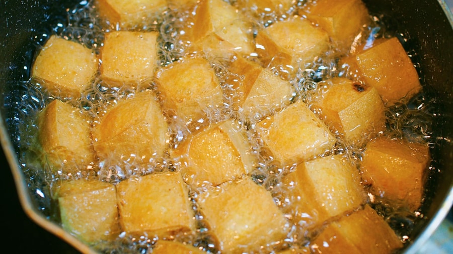 Fry the tofu until golden
